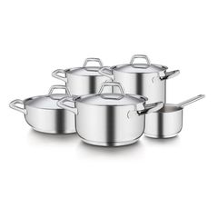 Chef Line - Набор посуды 9 предметов: кастрюля высокая 4,6 л, 20 см; кастрюля 2,3 л, 18 см; кастрюля 3,85 л, 22 см; ковш  1,1 л, 14 см; сотейник 3 л, 24 см; Крышки 18см, 20см, 22см, 24см, Barazzoni