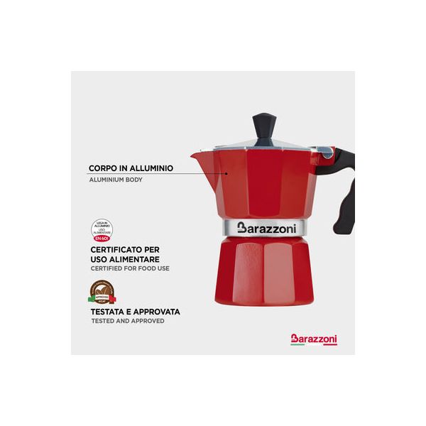 Alluminium Red - Гейзерная кофеварка на 3 чашки, красная, Barazzoni, изображение 3