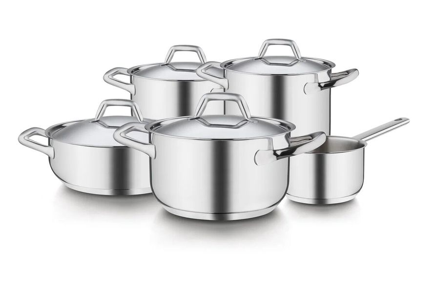 Chef Line - Набор посуды 9 предметов: кастрюля высокая 4,6 л, 20 см; кастрюля 2,3 л, 18 см; кастрюля 3,85 л, 22 см; ковш  1,1 л, 14 см; сотейник 3 л, 24 см; Крышки 18см, 20см, 22см, 24см, Barazzoni